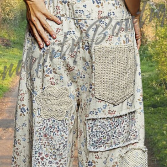 POL Floral Denim Boho Crochet Patchwork Flare Leg Suspenders Strap Jean Overalls - Picture 7 of 12